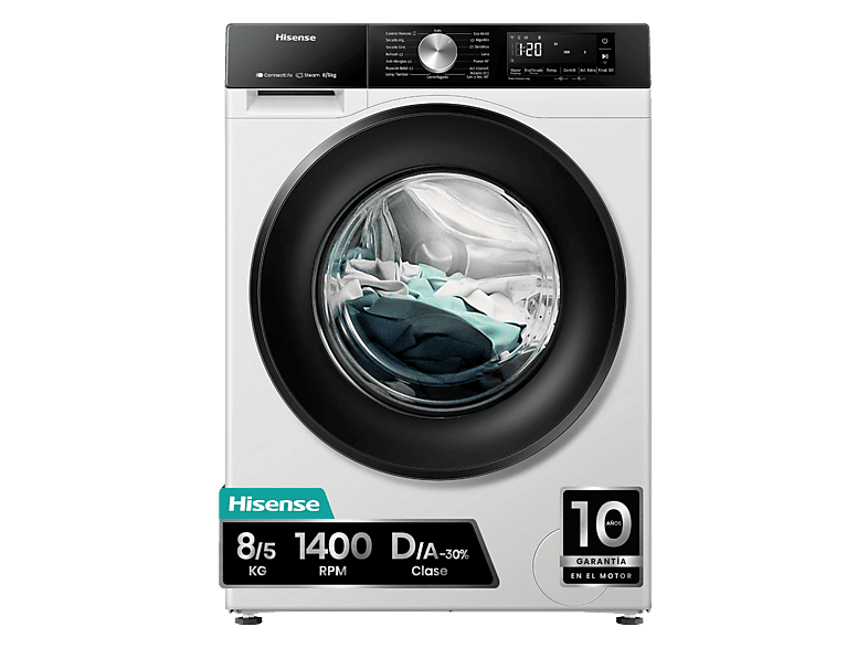 01-162 Lavadora secadora - Hisense WD3S8043BW3, 8 kg/5 kg, 1400 rpm, 16 programas. Clase A-30%, WiFi, Blanco - Imagen 1