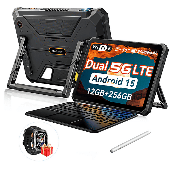 Tablet - Blackview Active 12 PRO 5G Con Teclado (Inglés QWERTY), 256 GB, Negro, 11 " Full-HD+, 12 GB RAM, MediaTek Dimensity 7300 (Ocho núcleos)