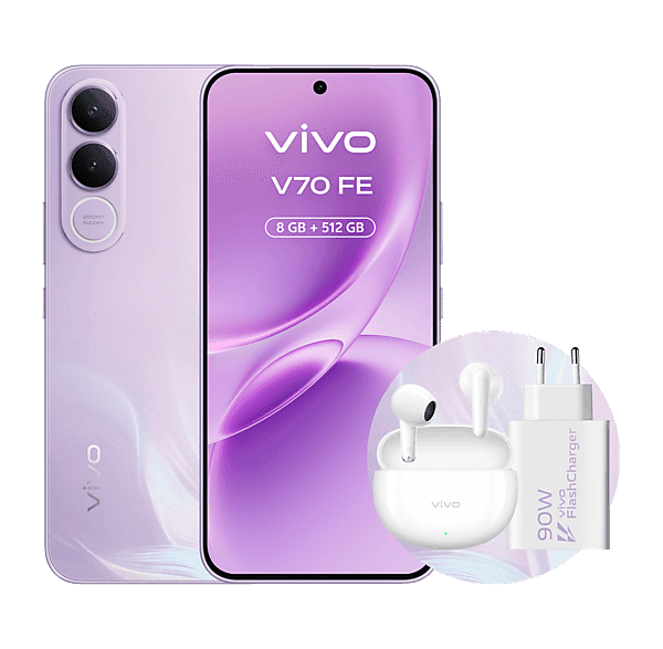 Móvil - Vivo Bundle V70 FE, Muse Purple, 512GB, 8GB RAM, 6.83" AMOLED, Dimensity 7360-Turbo, 7000 mAh