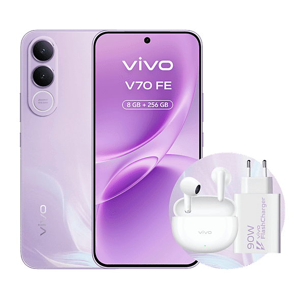 Móvil - Vivo Bundle V70 FE, Muse Purple, 256GB, 8GB RAM, 6.83" AMOLED, Dimensity 7360-Turbo, 7000 mAh