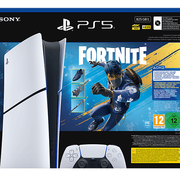 Consola - Sony PS5 Slim Digital Edition, 825 GB SSD, 4K, 1 mando, Chasis E, Blanco + Pack Fortnite Flowering Chaos (código de descarga)
