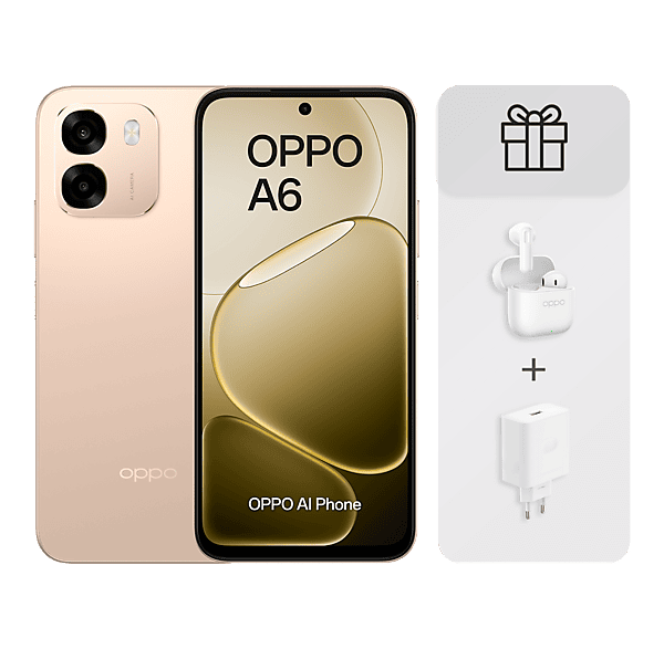 Móvil - Oppo Bundle A6 4G, Aurora Gold, 256 GB, 6 GB RAM, 6.75" LCD, Qualcomm Snapdragon®685 (6nm), 6.500mAh, Incluye Cargador 45W y Auriculares
