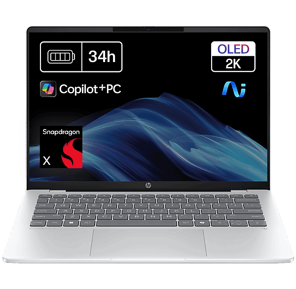 Portátil - HP OmniBook 5 NGAI 14-he0000ns Copilot+ PC, 14" 2K, Snapdragon X1-26-100 45 TOPS, 16GB RAM, 512GB SSD, Gráficos Adreno™, W11 Home, Plata