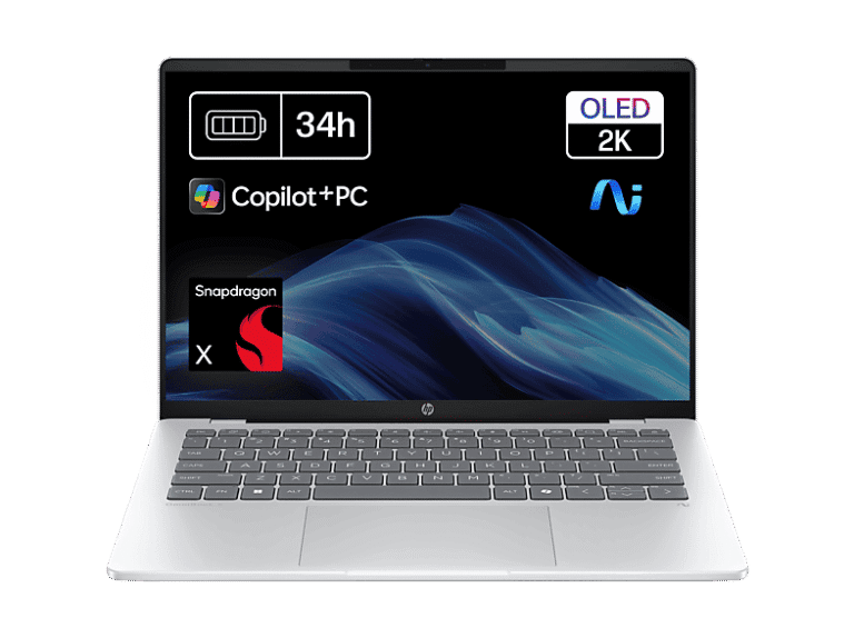 Portátil - HP OmniBook 5 NGAI 14-he0000ns Copilot+ PC, 14" 2K, Snapdragon X1-26-100 45 TOPS, 16GB RAM, 512GB SSD, Gráficos Adreno™, W11 Home, Plata