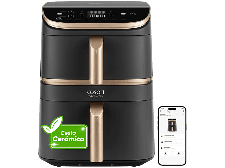 Freidora de aire - Cosori Turbo Tower Pro Smart™ Chef Edition, 2630 W, Doble Resistencia, 10.8 l, 2 cestas, Revestimiento cerámico, WiFi, Negro
