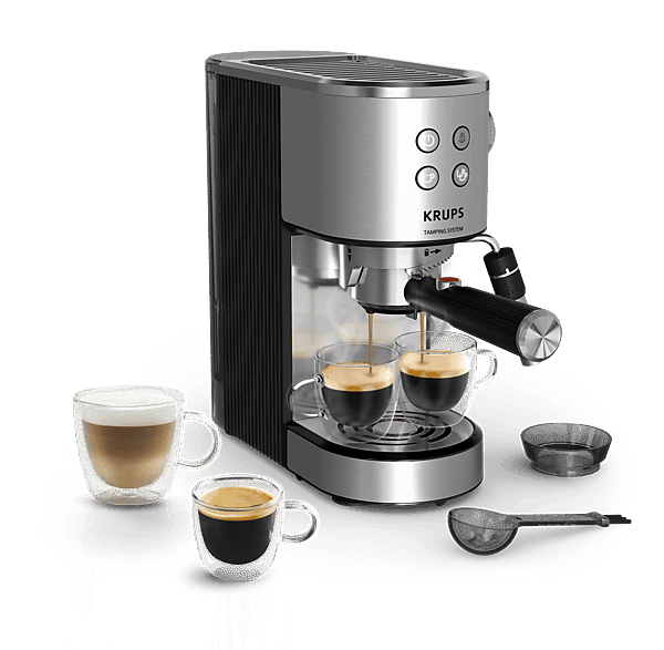 Cafetera express - Krups Virtuoso XP499E, Sitema de autoprensado, 15 bares, Panel frontal intuitivo, Barista, Thermoblock, Compacta, Inox