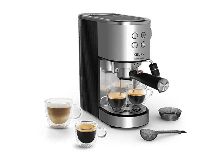 Cafetera express - Krups Virtuoso XP499E, Sitema de autoprensado, 15 bares, Panel frontal intuitivo, Barista, Thermoblock, Compacta, Inox