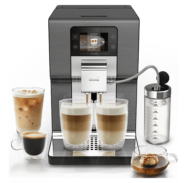 Cafetera superautomática - Krups Intuition Experience Hot&Cold, Pantalla táctil, 36 Recetas, Jarra de leche, Titanio, 15 bar, 2 tazas, Negro
