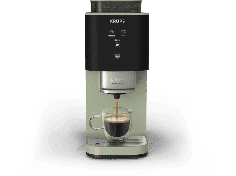 Cafetera superautomática - Krups Coffee Crush, Café en grano y molido, 15 bares, 2 recetas de café, Táctil, Compacta, 3 niveles de molienda, Verde