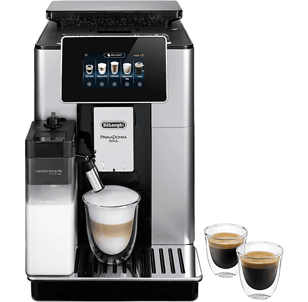 Cafetera superautomática - De Longhi, De'Longhi PrimaDonna Soul ECAM610.55.SB, 1450W, 19 bar, Molinillo integrado, Sistema Thermoblock, Táctil, Inox