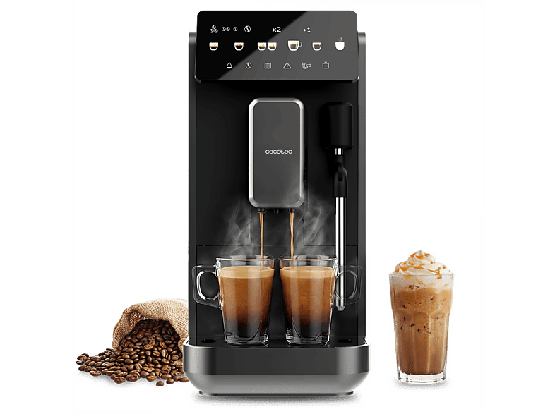 Cafetera superautomática - Cecotec Cremmaet Lungo Steam, Vaporizador, 5 bebidas, Pantalla táctil, 19 bares, Thermoblock, Molinillo integrado, Negro