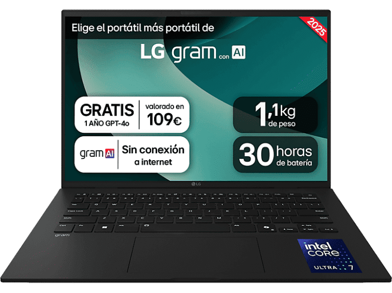 Portátil - LG 14Z90T-G.AD8BB, 14" WUXGA, Intel® Core™ Ultra 7-255H, 32 GB RAM, 2 TB SSD, Arc™ GPU, W11H, Negro