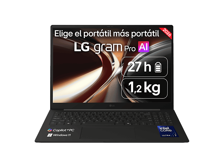 Portátil - LG Gram Pro 16Z90U-K.AUB8BN Copilot+ PC, 16" WQXGA+, Intel® Core™ Ultra X7 358H 50 TOPS, 32GB RAM, 1 TB SSD, Windows 11 Home, Sin cargador