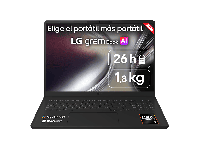 Portátil - LG Gram 16U55U-G.AU75BN, 16" WUXGA Copilot+ PC, AMD Ryzen™ AI 7 445 50 TOPS, 16GB RAM, 512 GB SSD, Windows 11 Home, Sin cargador
